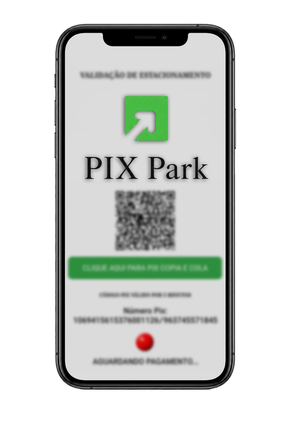 Tela do PIX Park no celular, com QR Code e botão de PIX Copia e Cola